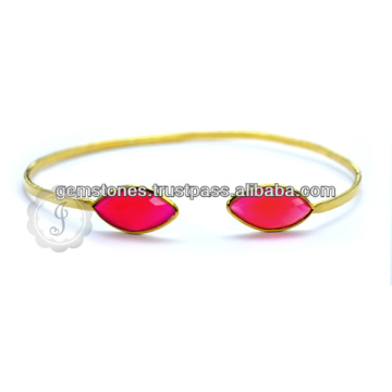 Pink Chalcedony Gemstone Vermeil Gold Plated Sterling Silver Bangle for Women